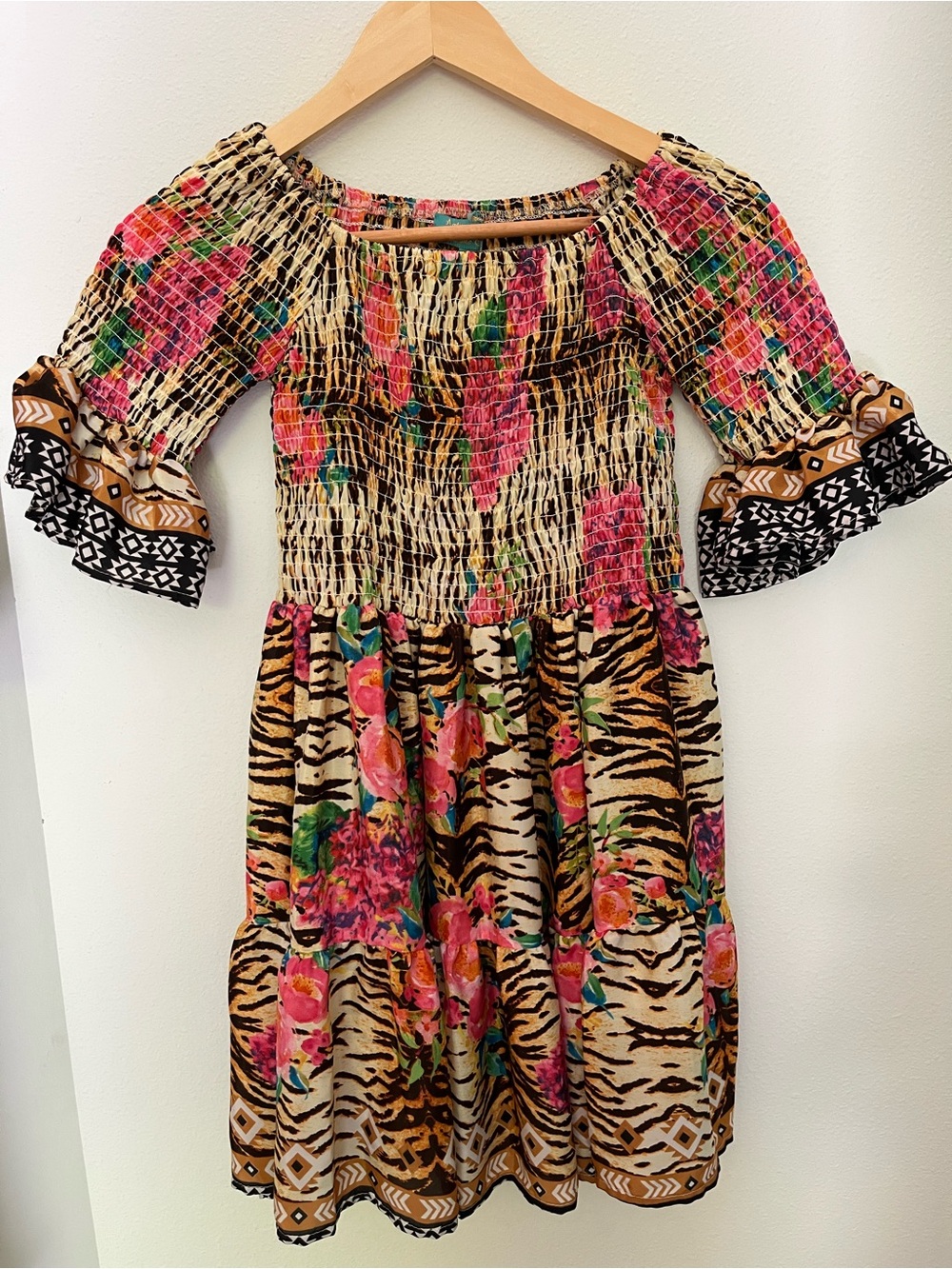 Floral & Tiger Print Smocked Dress in Multicolor imported from Spain
